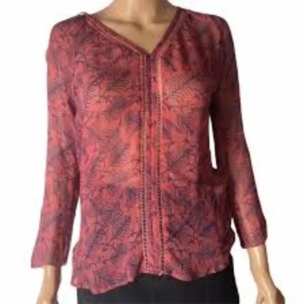 Lucky Brand Red Sheer Palmetto Top